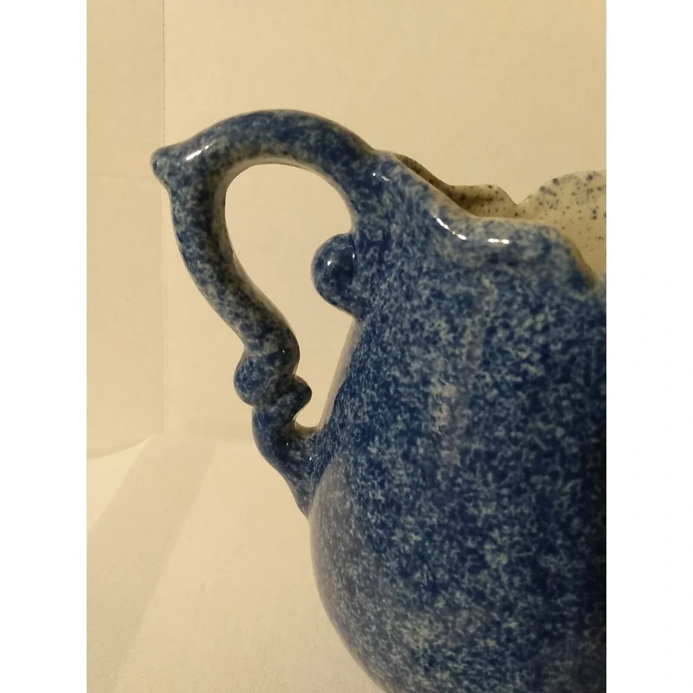 Blue Spongeware Calico China Pitcher with Pig Speckled Country Farmhouse decor